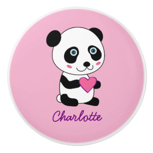 Cute Panda with a Pink Heart Personalised Name Ceramic Knob