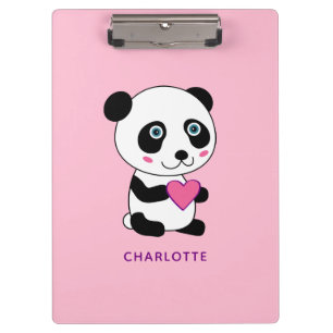 Cute Panda with a Pink Heart Personalised Name  Clipboard