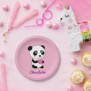 Cute Panda with a Pink Heart Personalised Name Mel Paper Plate