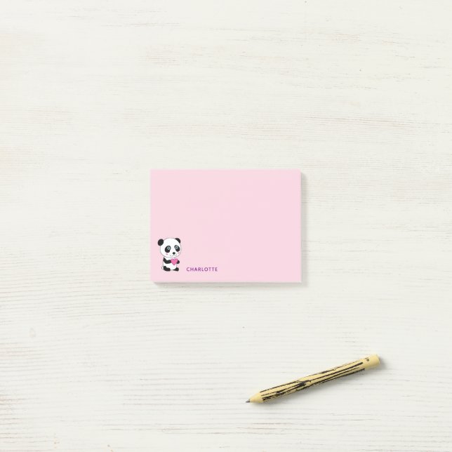 Cute Panda with a Pink Heart Personalised Name  Post-it Notes (On Desk)