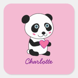 Cute Panda with a Pink Heart Personalised Name Square Sticker