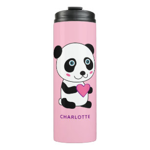 Cute Panda with a Pink Heart Personalised Name Thermal Tumbler