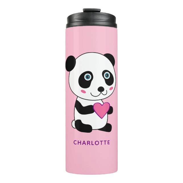 Cute Panda with a Pink Heart Personalised Name  Thermal Tumbler (Front)