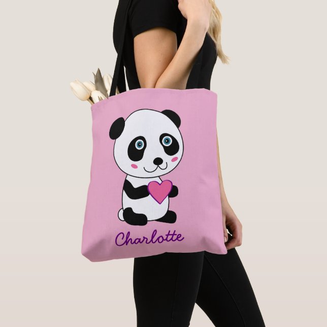Cute Panda with a Pink Heart Personalised Name  Tote Bag (Close Up)