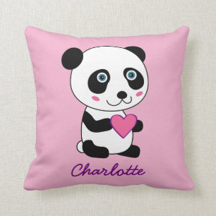 Cute Panda with a Pink Heart Personalized Name Cushion