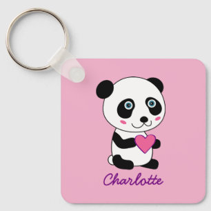 Cute Panda with a Pink Heart Personalized Name  Key Ring