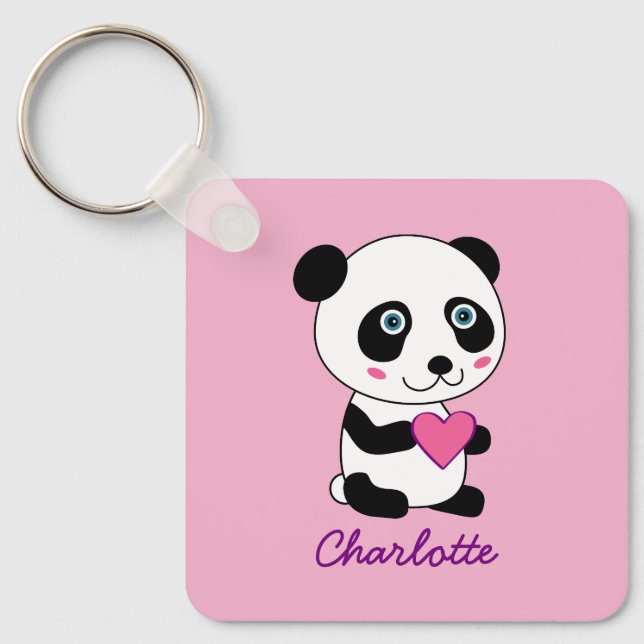 Cute Panda with a Pink Heart Personalized Name  Key Ring (Front)