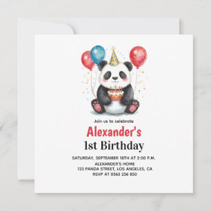 Cute Panda with Balloons & Cake 1st birthday