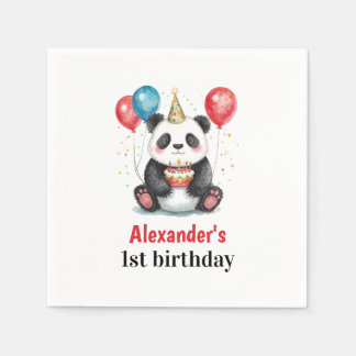 Cute Panda with Balloons & Cake 1st birthday Napkin