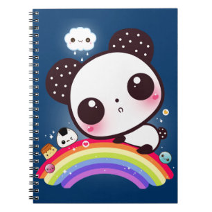 Cute panda with kawaii food on rainbow notebook
