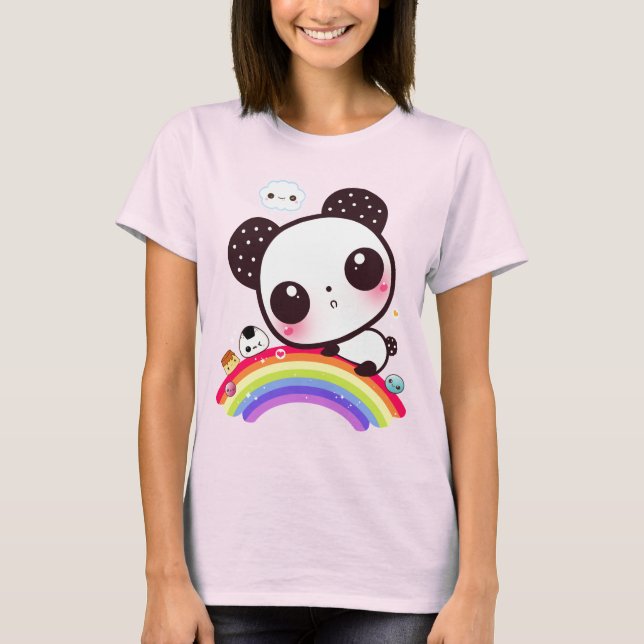Cute panda with kawaii food on rainbow T-Shirt (Front)