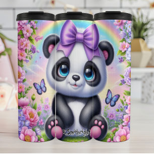 Cute Panda with Purple Bow and Butterflies Thermal Tumbler