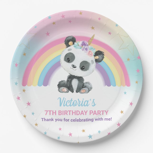 Cute Pandacorn Panda Birthday Party Rainbow  Paper Plate (Front)