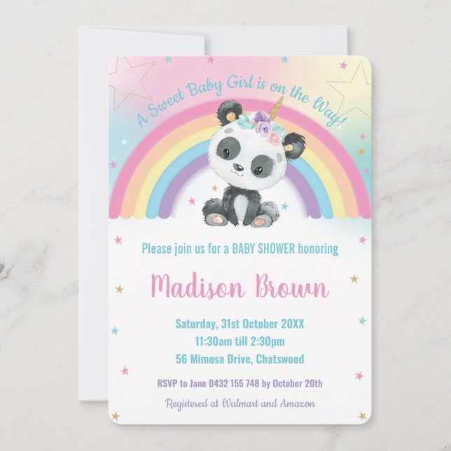 Cute Pandacorn Panda Rainbow Baby Shower Invitation (Front)