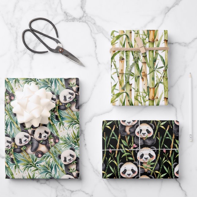 Cute Pandas and Bamboo  Wrapping Paper Sheet (Front)