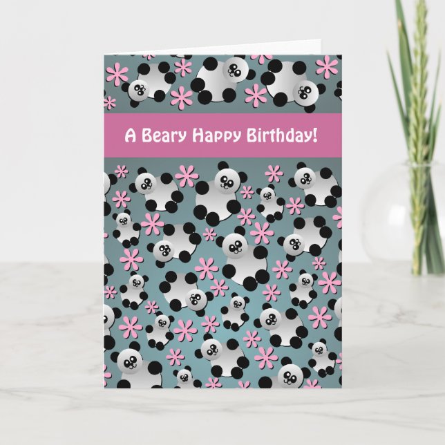 Cute Pandas and Flowers Birthday Card (Front)