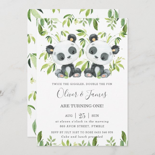 Cute Pandas Bamboo Greenery Twin Boys Birthday  Invitation (Front/Back)