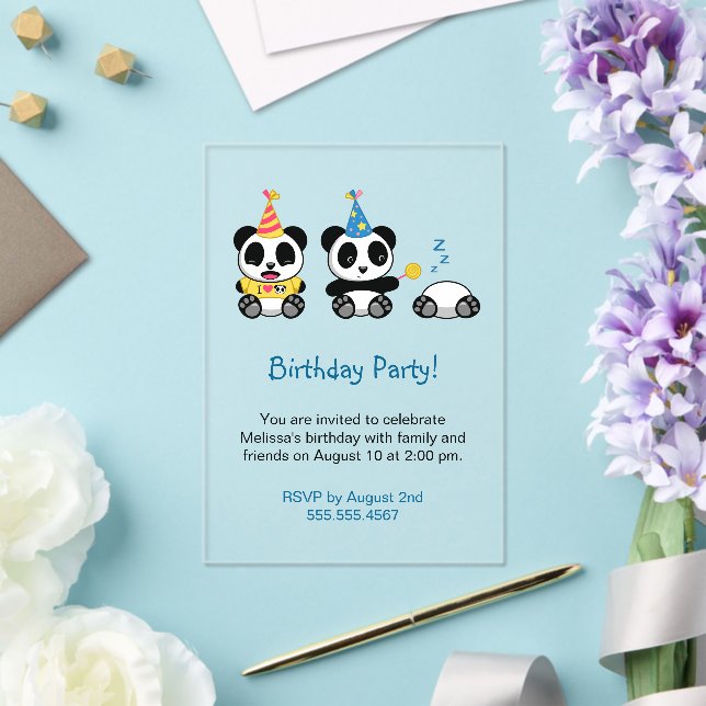 Cute Pandas Birthday Party Acrylic Invitations (Insitu (Wedding))