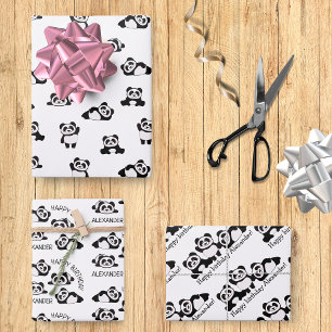 Cute Pandas Black and White Pattern Personalised 3 Wrapping Paper Sheet