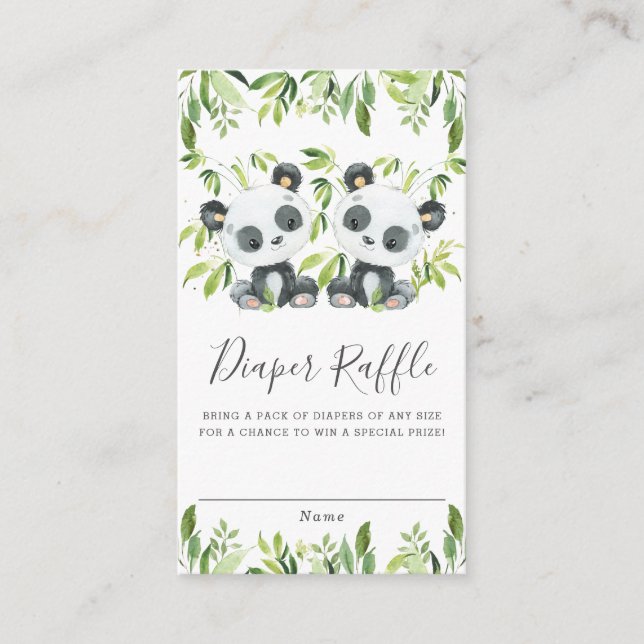 Cute Pandas Greenery Twin Boys Twins Diaper Raffle Enclosure Card (Front)