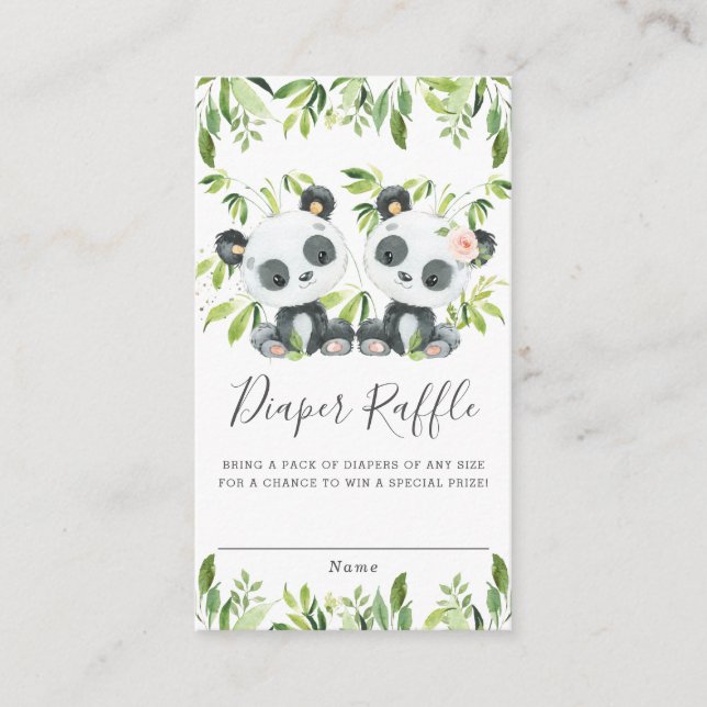 Cute Pandas Greenery Twins Boy Girl Diaper Raffle Enclosure Card (Front)