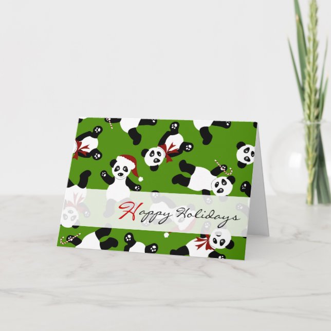 Cute Pandas Happy Holidays Santa Hat Cards - Green (Front)