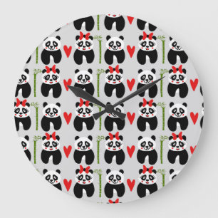 Cute Pandas Hearts: Children's Pattern Large Clock