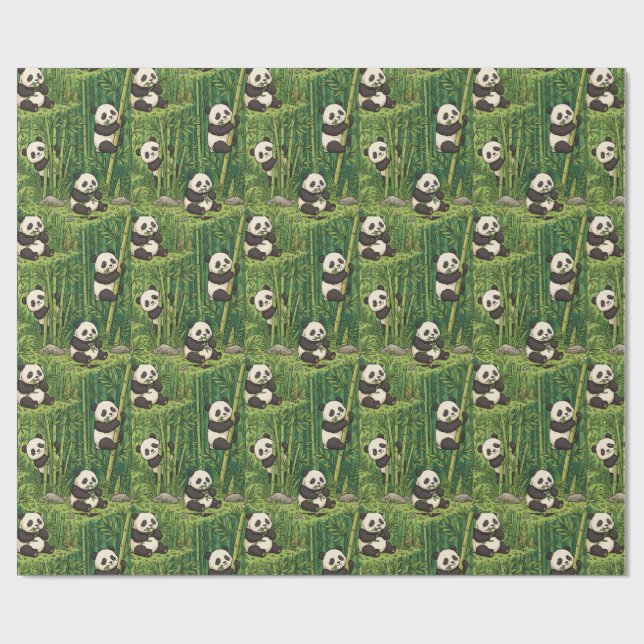 Cute Pandas in Bamboo Forest Pattern Wrapping Paper (Flat)