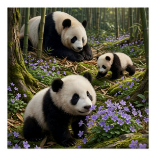 Cute Pandas In Enchanted Green Forest Nature Scene Poster