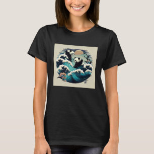 Cute pandas surfing the Japanese great wave sunset T-Shirt