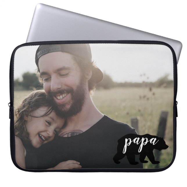 Cute Papa Bear Silhouette with Personalise Photo Laptop Sleeve (Front)