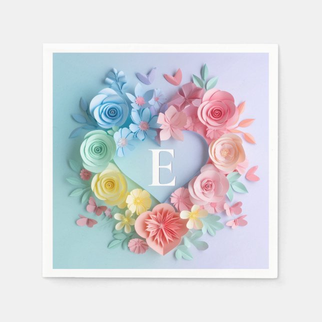 Cute Paper Hearts, Flowers, Butterflies Napkin (Front)