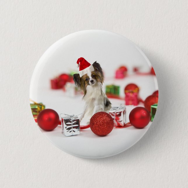 Cute Papillon Dog Christmas Santa Hat 6 Cm Round Badge (Front)