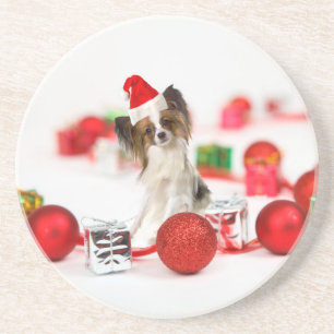Cute Papillon Dog Christmas Santa Hat Coaster