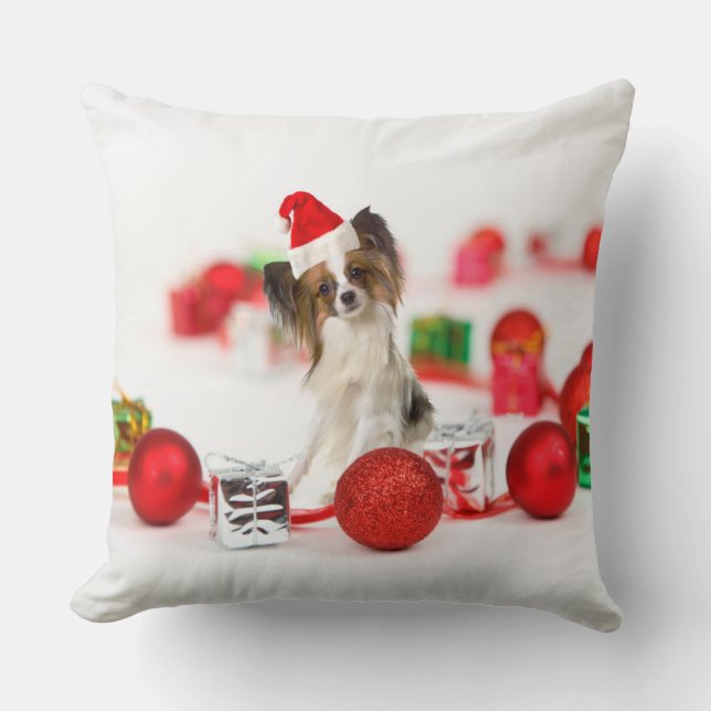 Cute Papillon Dog Christmas Santa Hat Cushion (Front)