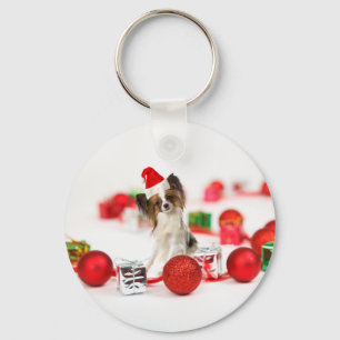 Cute Papillon Dog Christmas Santa Hat Key Ring