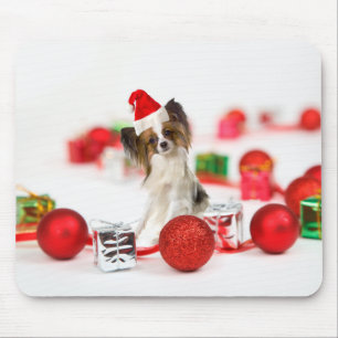 Cute Papillon Dog Christmas Santa Hat Mouse Mat