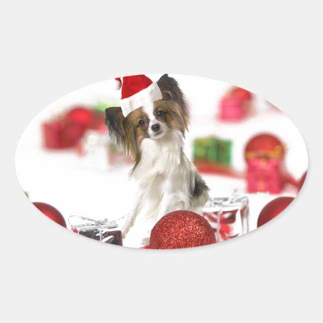Cute Papillon Dog Christmas Santa Hat Oval Sticker (Front)