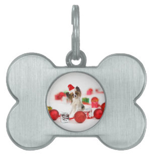 Cute Papillon Dog Christmas Santa Hat Pet ID Tag