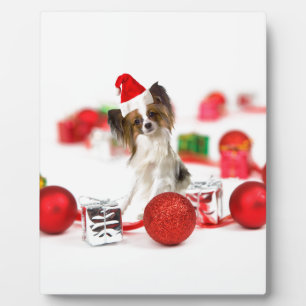 Cute Papillon Dog Christmas Santa Hat Plaque
