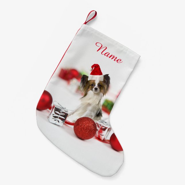 Cute Papillon Dog Christmas Santa Hat Small Christmas Stocking (Front (Hanging))