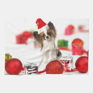 Cute Papillon Dog Christmas Santa Hat Tea Towel