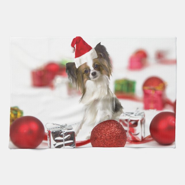 Cute Papillon Dog Christmas Santa Hat Tea Towel (Horizontal)