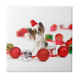Cute Papillon Dog Christmas Santa Hat Tile
