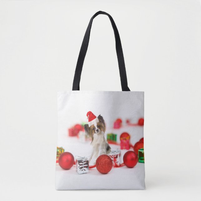 Cute Papillon Dog Christmas Santa Hat Tote Bag (Front)