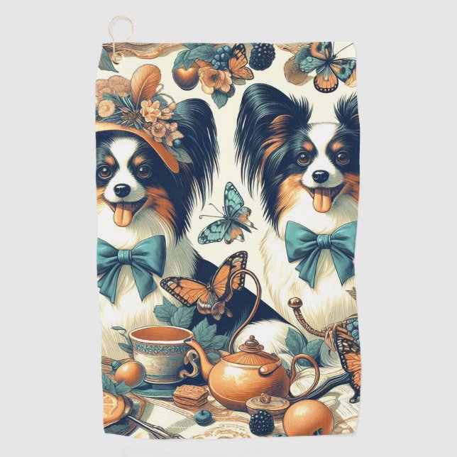 Cute Papillon Dog Illustration Golf Towel (Front)