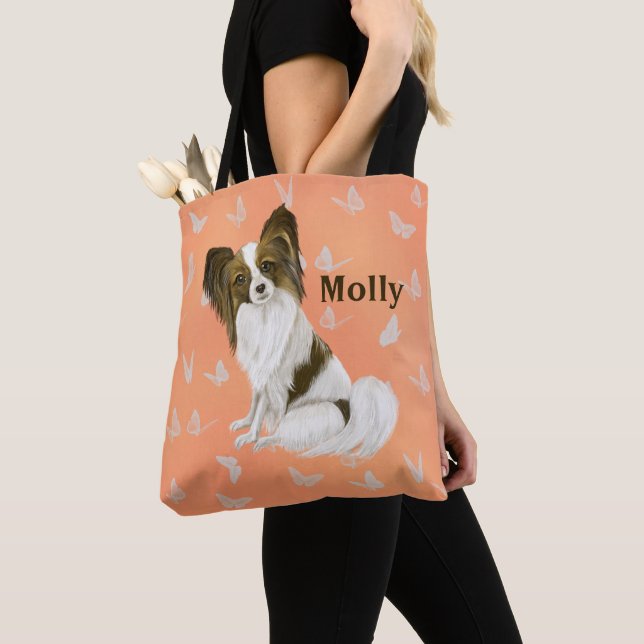 Cute Papillon Dog White butterflies Personalised Tote Bag (Close Up)