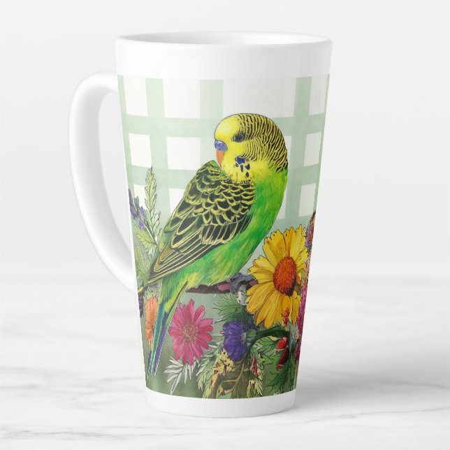 Cute Parakeet and Flowers Latte Mug (Left Angle)