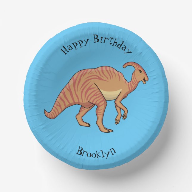 Cute parasaurolophus dinosaur cartoon illustration paper plate (Front)