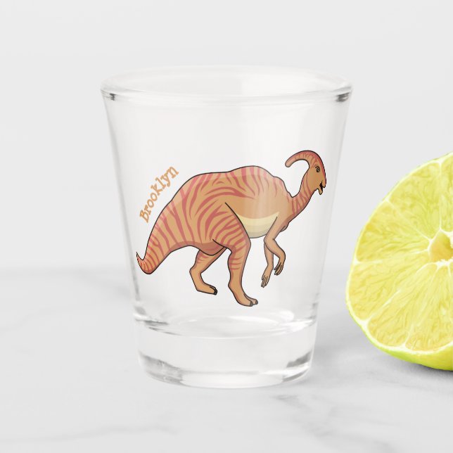 Cute parasaurolophus dinosaur cartoon illustration shot glass (Front)